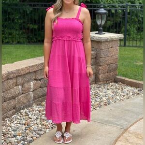 New In Pink Tie Adjustable Strap Smocked Maxi Dress
